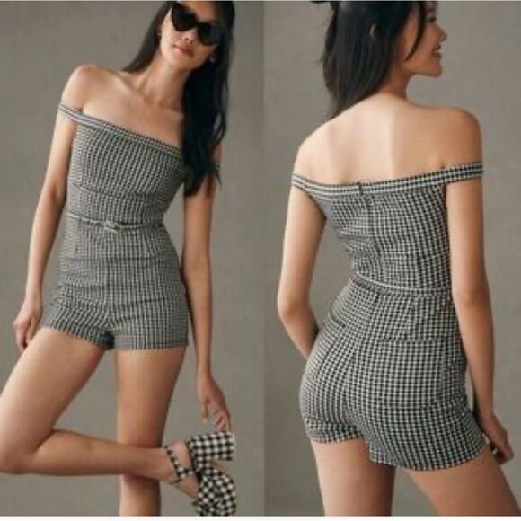 Anthropologie Pants - Maeve Anthropologie Romper 8 Gingham Preppy Old Money Off the Shoulder Stretchy